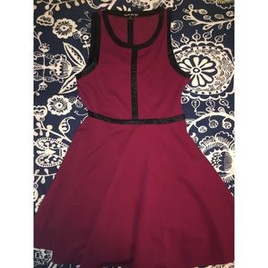 Leather Trimmed Maroon Skater Dress
